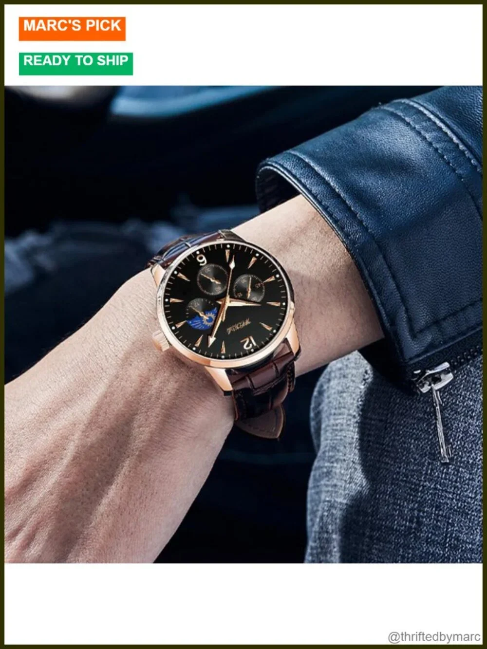 Men's Leather Watch, Rose Gold-Tone Analog Quartz Business Dress Watch